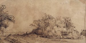 Uma estrada acidentada ao longo do dique com árvores escondendo uma roça (caneta e tinta com lavagem em papel) de Rembrandt Harmensz. van Rijn