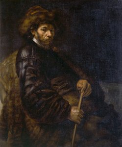Um homem sentado com um pau (óleo sobre tela) de Rembrandt Harmensz. van Rijn