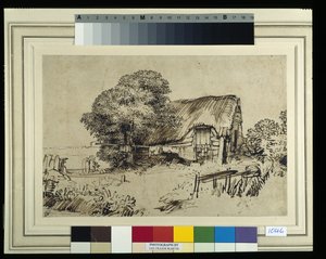 Uma cabana de colmo junto a uma grande árvore, uma figura sentada no exterior, c.1648-52 (caneta e tinta sobre papel) de Rembrandt Harmensz. van Rijn