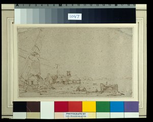 Um moinho de vento e um grupo de casas, c.1652-53 (caneta de palheta e tinta com lavagem em papel) de Rembrandt Harmensz. van Rijn