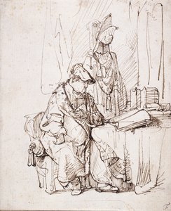 Um Ator em seu Camarim (caneta e tinta marrom sobre papel branco) de Rembrandt Harmensz. van Rijn