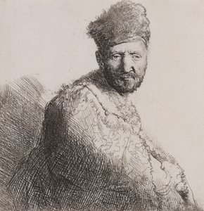 Homem barbudo com boné e manto oriental de peles de Rembrandt van Rijn