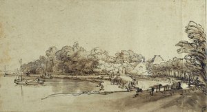 Curva no Amstel perto de Kostverloren House, início da década de 1650 (caneta e tinta com lavagem e corpete em papel) de Rembrandt Harmensz. van Rijn