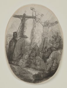 Cristo crucificado entre dois ladrões: uma placa oval, c.1641 (gravura e ponta seca) de Rembrandt van Rijn