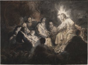 Cristo e os Seus Discípulos no Jardim do Getsémani, por Rembrandt van Rhijn (1606-1669). Caneta, pincel, cor cinza e castanho, aguarela sobre papel, ca. 1634. Dimensão : 35,7x47,8 cm. Museu Teylers, Haarlem de Rembrandt Harmensz. van Rijn