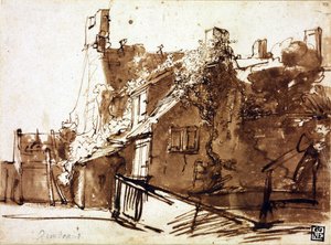 Farmhouse in Sunlight - Rembrandt van Rhijn (1606-1669) - 1635-1636 - Caneta, pincel, cor marrom sobre papel - 16,4x22,3 cm - Szepmuveszeti Muzeum, Budapeste de Rembrandt Harmensz. van Rijn