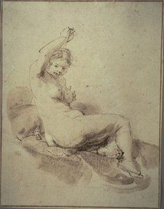 Reclinagem Nua Feminina com Braço Levantado, c.1665 (caneta e tinta castanha e escova e lavagem castanha, sobre papel de bronzeado)