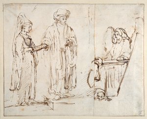 Laban traz Leah para Jacob, com Jacob sobreposto por um fragmento de outro desenho; um anjo com um cão deitado a seus pés de Rembrandt Harmensz. van Rijn