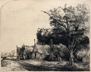 Paisagem com Três Cabanas (gravura) de Rembrandt Harmensz. van Rijn