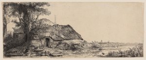 Paisagem com uma casa de campo e uma grande árvore de Rembrandt Harmensz. van Rijn