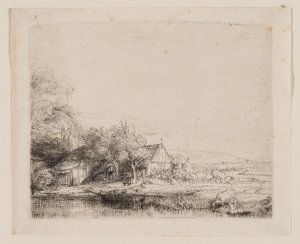 Paisagem com Bebida de Vaca, c.1650 (gravura e ponto seco sobre papel de marfim) de Rembrandt Harmensz. van Rijn