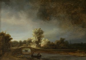 Paisagem com ponte de pedra, c.1638 (óleo no painel) de Rembrandt van Rijn