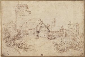 Paisagem com edifícios e amantes, abraçando, depois de Ticiano (caneta e tinta marrom com giz vermelho sobre papel) de Rembrandt Harmensz. van Rijn