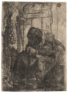 Mulher idosa sentada numa casa de campo com um fio de cebolas na parede, c. 1629 (gravura) de Rembrandt Harmensz. van Rijn