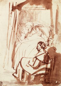 Saskia deitada na cama, uma mulher sentada a seus pés de Rembrandt Harmensz. van Rijn