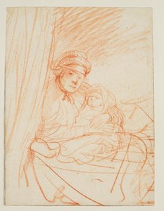 Saskia sentado na cama, segurando uma criança, 1635 cerca de de Rembrandt van Rijn