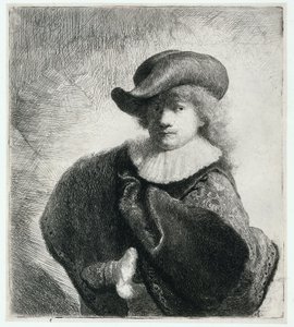 Autorretrato com chapéu macio e capa estampada de Rembrandt Harmensz. van Rijn