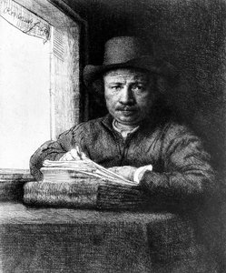 Auto-retrato durante o desenho de Rembrandt van Rijn