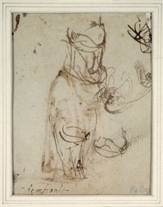 Estudos de um toucado alto; e de uma cabeça invertida do recto (caneta e tinta sobre papel) (verso de 2636119) de Rembrandt Harmensz. van Rijn