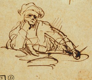 Estudo de um escritor, sentado, parado no pensamento, de Rembrandt van Rijn