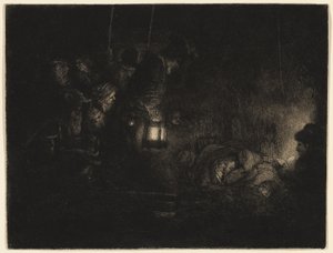 A Adoração dos Pastores: Uma peça nocturna, c.1657 (gravura, ponto seco, e queimadura em preto sobre papel marfim) de Rembrandt Harmensz. van Rijn