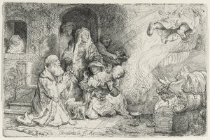 O anjo partindo da família de Tobias (caneta e tinta no papel) de Rembrandt van Rijn