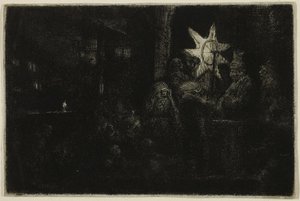A Estrela dos Reis: Uma peça nocturna, c.1651 (gravura a seco, gravura em papel de marfim) de Rembrandt Harmensz. van Rijn