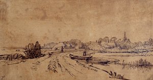 Vista da Sloten, c.1650 (caneta e tinta com lavagem castanha no papel) de Rembrandt Harmensz. van Rijn