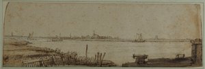 Vista do Rio IJ do Diemerdijk, c.1650 (caneta e tinta com lavagem castanha e corpinho branco sobre papel) de Rembrandt Harmensz. van Rijn