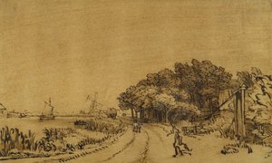 Vista no Amstel: a estrada no Amsteldijk que leva a Trompenburg, c.1649-50 (caneta e tinta com lavagem castanha e corpulência branca sobre papel) de Rembrandt Harmensz. van Rijn