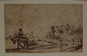 Vista sobre o Amstel, com um cavalo a rebocar uma barcaça, c.1650 (caneta e tinta com lavagem castanha sobre papel) de Rembrandt Harmensz. van Rijn