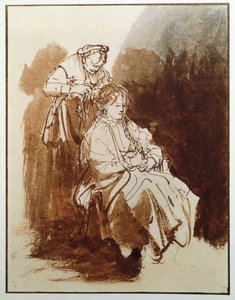 Jovem mulher na casa de banho dela. O cabelo de uma solteirona. (Desenho com tinta, c.1635) de Rembrandt van Rijn