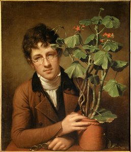 Retrato do pintor Rubens Peale (1784-1864) no gerânio Pintura de Rembrandt Peale (1778-1860) (ec.amer.) 1801 Coleção privee - Retrato do pintor Rubens Peale (1784-1864) com gerânio - Pintura de Rembrandt Peale (1778-1860), óleo sobre