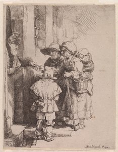 Uma família de mendigos a receber esmolas de Rembrandt van Rijn