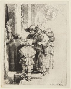 Um tocador cego de viela de roda e a sua família a receber esmolas de Rembrandt van Rijn