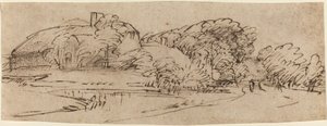 Uma paisagem com edifícios agrícolas entre árvores de Rembrandt van Rijn