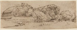 Uma paisagem com edifícios agrícolas entre árvores de Rembrandt van Rijn