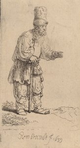 Um camponês em um chapéu alto, de pé apoiado em uma vara, 1639. de Rembrandt van Rijn