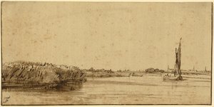 Um barco à vela em uma ampla extensão de água, c.1650 (caneta e tinta marrom e marrom lavar, em papel colorido) de Rembrandt van Rijn