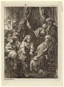 Uma multidão de pessoas se reuniu em torno de um velho sentado de Rembrandt van Rijn