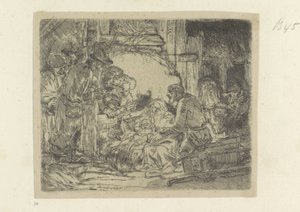 Aanbidding der herders: met de olielamp
Colecção de oitenta e cinco estampas originais (título da série) de Rembrandt van Rijn
