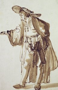 Ator com um chapéu de abas largas (caneta e tinta no papel) de Rembrandt van Rijn