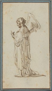 Anjo de pé (caneta e tinta castanha sobre traços de carvão sobre papel vegetal) de Rembrandt van Rijn