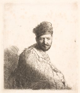 Homem barbudo (o pai de Rembrandt) com gorro oriental forrado a pele e túnica: retrato de meio corpo de Rembrandt van Rijn