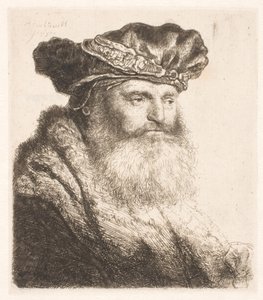 Homem barbudo vestindo um boné de veludo com fecho de joia de Rembrandt van Rijn