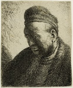 Homem sem barba em uma capa de pele e boné: busto de Rembrandt van Rijn