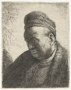 Homem sem barba com capa de pele e boné: busto de Rembrandt van Rijn