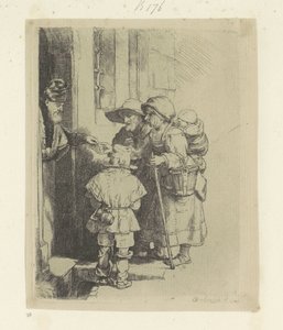 A família mendiga recebe esmolas à porta de uma casa
Recueil de quatre-vingt-cinq estampes originales (título da série) de Rembrandt van Rijn