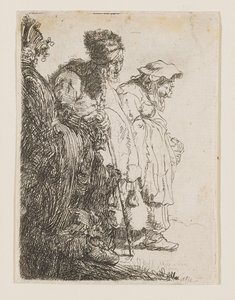 Um mendigo e uma mendiga atrás de um banco de Rembrandt van Rijn