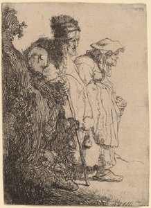Mendigo e mulher atrás de um banco de Rembrandt van Rijn